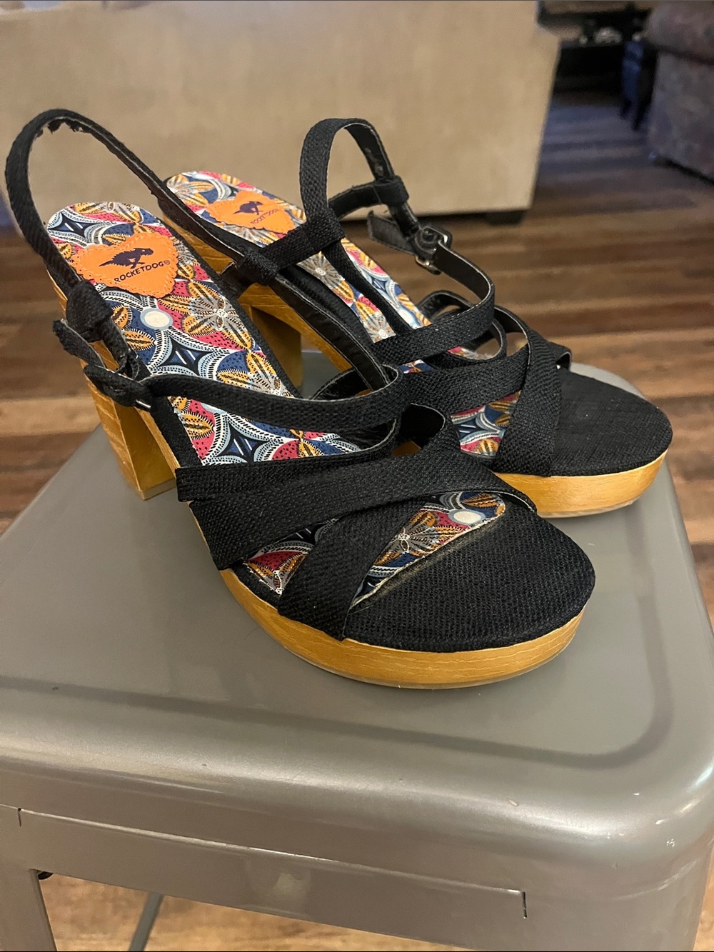 Rocket Dog Black Strappy Platform Sandals with Yellow Wood-Effect Sole